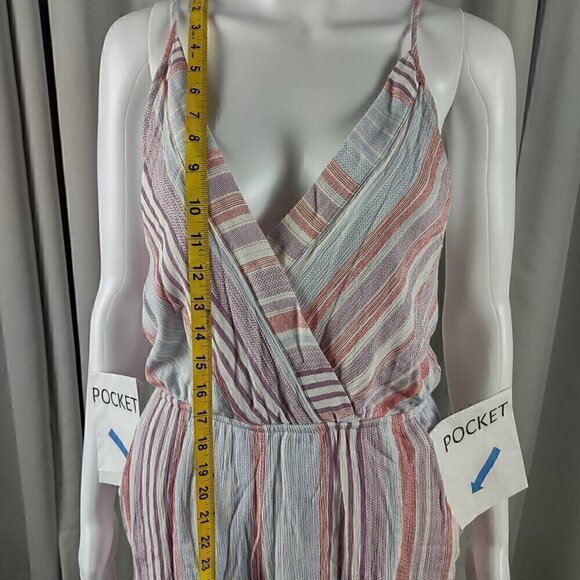 Addie Women's Red Pastel Striped Spaghetti Strap 2 Pocket Romper Size Medium - Picture 6 of 13